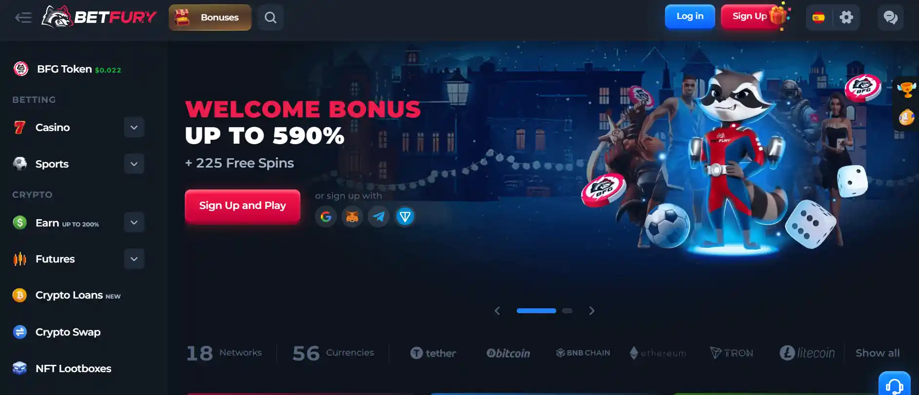 Interfejs panelu użytkownika Betfury casino pokazujący saldo, opcje gier i statystyki mining.