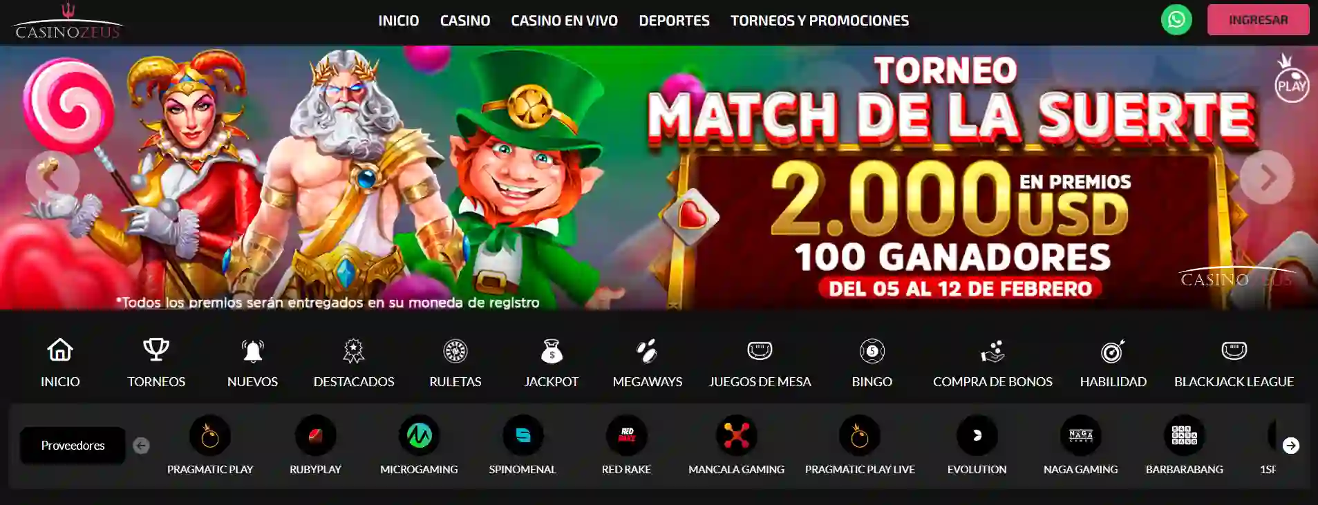 Interface de Casino Zer montrant les jeux et les bonus